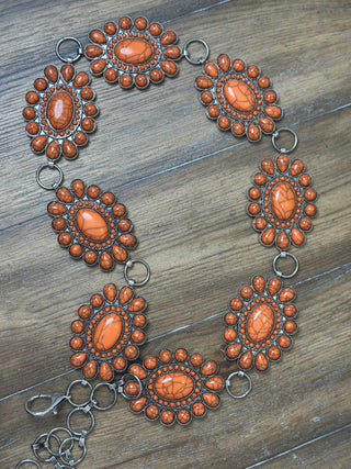 Coral Jasper Conch Belt with Oval Center Stone and Teardrop Surround