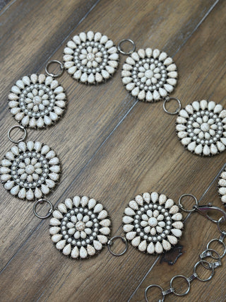 White Stone Circular Medallion Conch Belt Adjustable Western Statement Belt