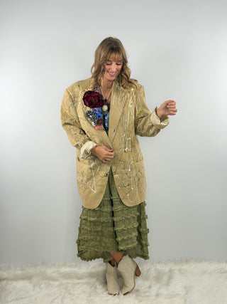 Oops I’m an Artist one‑of‑a‑kind women’s blazer with hand‑painted splatter and floral lapel by Rare Bird