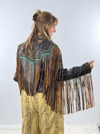 Scully Lambskin Leather Fringe Jacket with Turquoise Trim