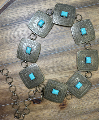 Turquoise Rectangular Etched Plate Conch Belt Adjustable Western Statement Belt