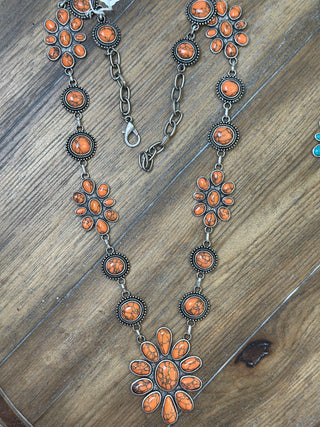 Mixed Metal Squash Blossom Diamond Medallion Necklace | Blue Turquoise Orange Jasper