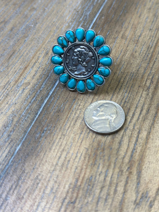 Turquoise Liberty Coin Ring with Teardrop Stone Surround Adjustable Silver