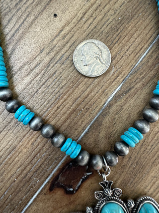 Turquoise Beaded Squash Blossom Necklace with Navajo Pearls