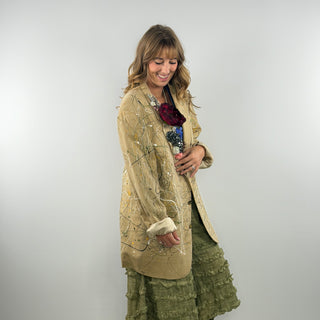 Oops I’m an Artist one‑of‑a‑kind women’s blazer with hand‑painted splatter and floral lapel by Rare Bird
