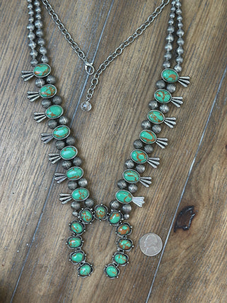 Chunky Turquoise Horseshoe Squash Blossom Drop Necklace in Mixed Metals