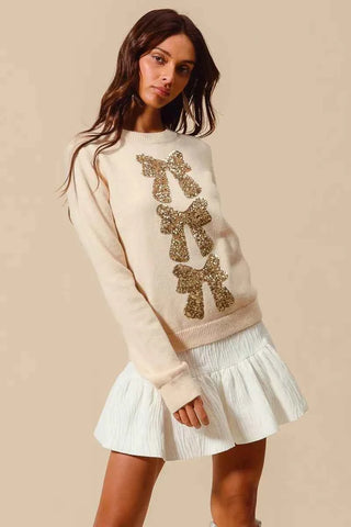 SO ME Sequins Bow Ribbon Embellished Christmas Sweater