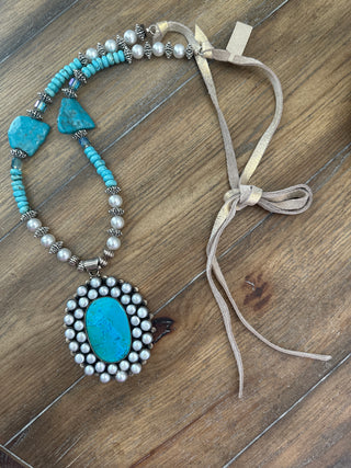 Rare Bird Turquoise and Pearl Statement Leather Necklace