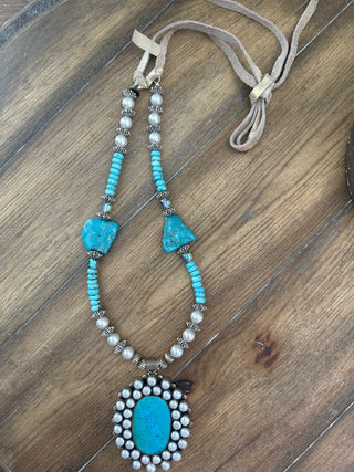Rare Bird Turquoise and Pearl Statement Leather Necklace