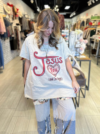 Jesus Loves You and I'm Trying Graphic Tee Top - Handcrafted