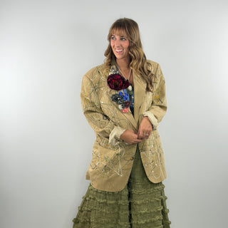 Oops I’m an Artist one‑of‑a‑kind women’s blazer with hand‑painted splatter and floral lapel by Rare Bird