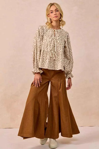 BiBi Floral Printed Peplum Blouse with Shirring and Tied