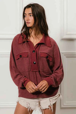 BiBi Cp French Terry Cut Edge Detail Collared Top