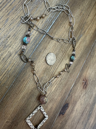 Handcrafted Amazonite Diamond Drop Wrap Necklace with Crystal and Copper