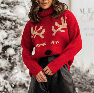Red long sleeve knit turtleneck sweater with cute reindeer antlers, eyes and nose on the front 
