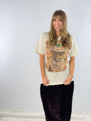 Cheetah in Ivory Top Hat Jeweled Graphic Tee