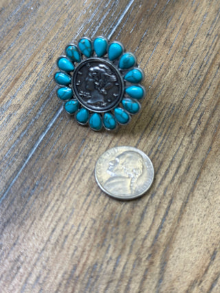 Turquoise Liberty Coin Ring with Teardrop Stone Surround Adjustable Silver
