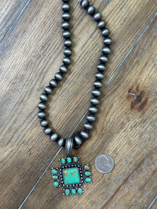 Turquoise Cross Drop Necklace with Navajo Pearl Design