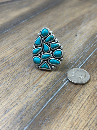 Turquoise Cabochon Triangle Cluster Ring | Adjustable Silver Western | Texas