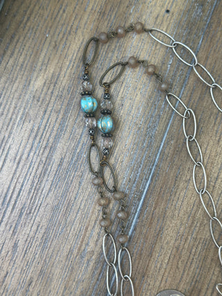 Handcrafted Amazonite Diamond Drop Wrap Necklace with Crystal and Copper