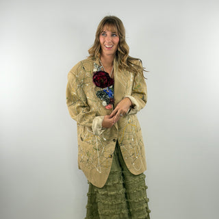 Oops I’m an Artist one‑of‑a‑kind women’s blazer with hand‑painted splatter and floral lapel by Rare Bird