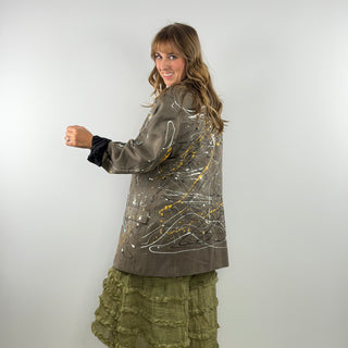 Oops I’m an Artist one‑of‑a‑kind women’s blazer with hand‑painted splatter and floral lapel by Rare Bird