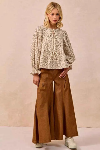 BiBi Floral Printed Peplum Blouse with Shirring and Tied
