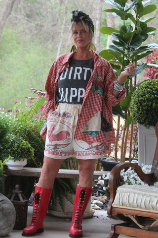 Jaded Gypsy Local Fair Early Morning shorts with vintage feed sack style, soft cotton fabric, and relaxed boho fit