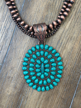 Turquoise Triple Ring Stone Cluster Pendant Necklace with Navajo Pearls