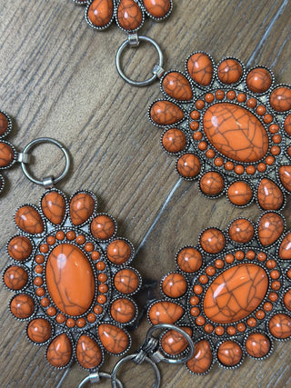 Coral Jasper Conch Belt with Oval Center Stone and Teardrop Surround