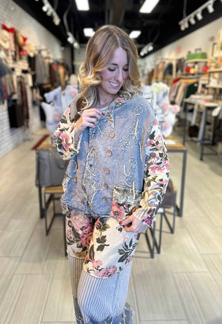 Vintage inspired patchwork chambray wide leg pants with tiered panels, rose prints, stripes and crochet detailing a quilted boho design. 