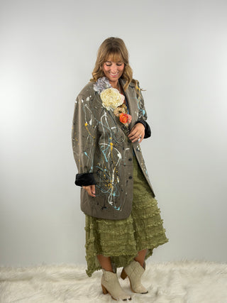 Oops I’m an Artist one‑of‑a‑kind women’s blazer with hand‑painted splatter and floral lapel by Rare Bird
