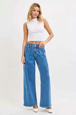 RISEN Full Size Mid Rise Fit Wide Leg with Pleated Detail Jeans Plus Size