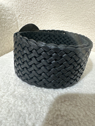 Black Braided woven silver abalone round buckle belt