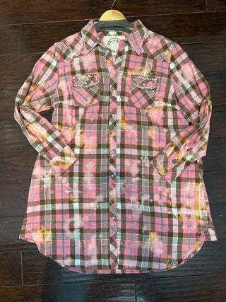 Embellished Rare Bird Pink Plaid Snap Top