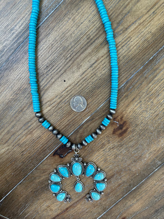 Turquoise Beaded Squash Blossom Necklace with Navajo Pearls