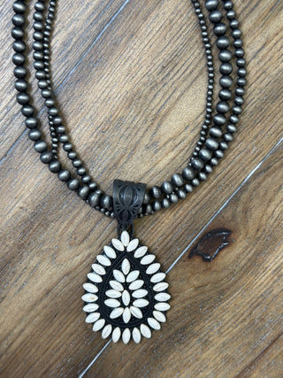Chunky Turquoise Conch Teardrop Statement Necklace with Navajo Pearls