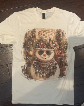 Snowman in Red and Green Top Hat Jeweled Graphic Tee