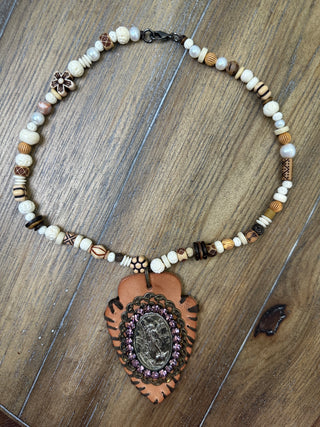 Navajo Leather Medallion Amulet and Beaded Necklace