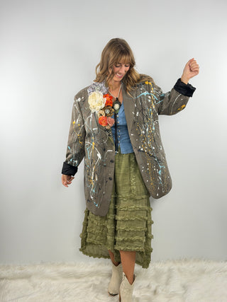 Oops I’m an Artist one‑of‑a‑kind women’s blazer with hand‑painted splatter and floral lapel by Rare Bird