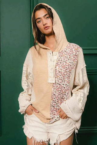BiBi Slub Jersey with Lace Combo Buttoned Hoodie Top