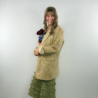 Oops I’m an Artist one‑of‑a‑kind women’s blazer with hand‑painted splatter and floral lapel by Rare Bird