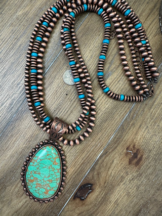 Turquoise and Copper Navajo Pearl Statement Pendant Necklace