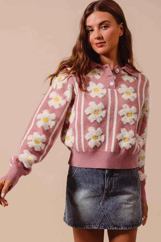 SO ME Floral Stripe Polo Collar Sweater