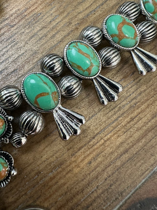 Chunky Turquoise Horseshoe Squash Blossom Drop Necklace in Mixed Metals