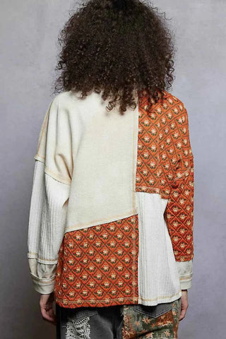 POL Contrast Patchwork Round Neck Long Sleeve Top