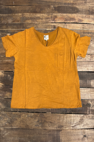 Jaded Gypsy Moon Dance V-Neck Tee – Vintage Mustard Boho Cotton Top