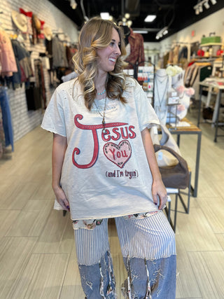 Jesus Loves You and I'm Trying Graphic Tee Top - Handcrafted