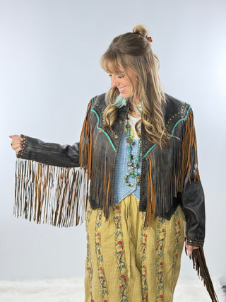 Scully Lambskin Leather Fringe Jacket with Turquoise Trim