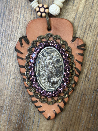 Navajo Leather Medallion Amulet and Beaded Necklace